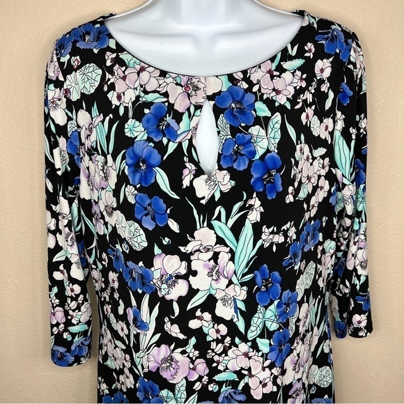 Medium Liz Claiborne Blue Floral Stretch Midi Lined Event Party Cocktail - Picture 2 of 11